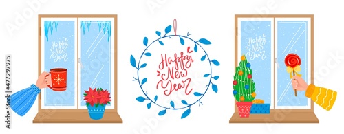Celebrating christmas  joyful winter mood  view in windows house  decoration new year  design cartoon style  vector illustration.
