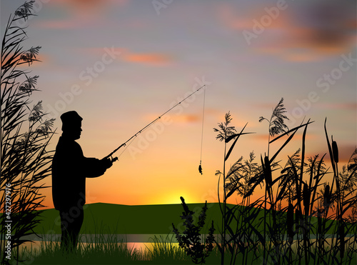 fisherman in rush at sunset background