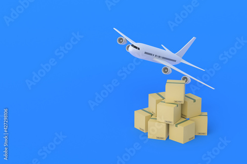 Airplane near stack of boxes on blue background. International transportation of goods. Global logistics. Shipping by air. Airmail concept. Transport company services. Copy space. 3d render