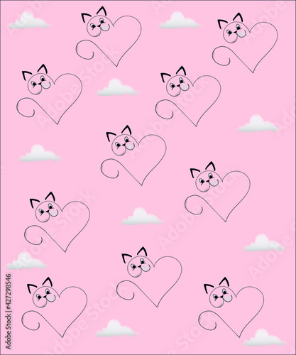 children's cat pattern on pink background with clouds