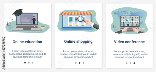 Modern flat illustrations in the form of a slider for web design. A set of UI and UX interfaces for the user interface.Online education,online shopping, and video conference.