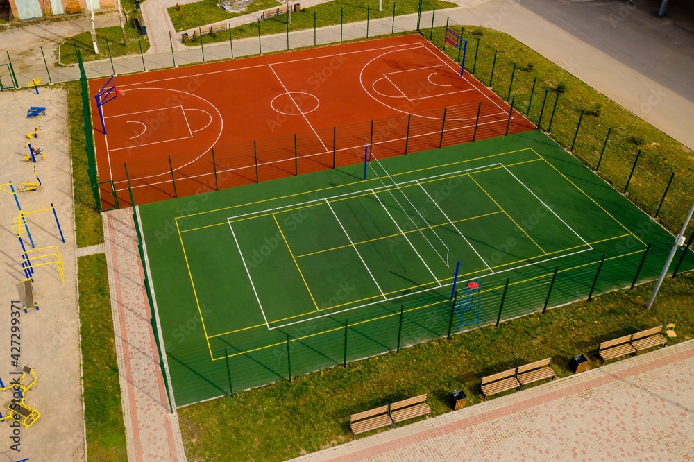 Aerial view of the basketball and volleyball court.