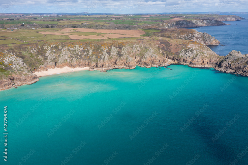 Aerial photograph of Pend Vounder Beach Beach nr Lands End, Cornwall, England.