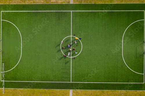 Top view of the football field. Aerial view.