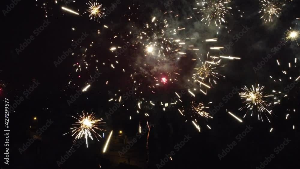drone showing fireworks from above in new year's eve night