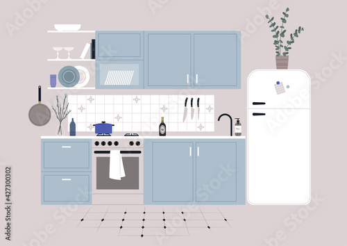 A light blue kitchen interior with vintage cupboards and decorated tile floor, no people, empty scene