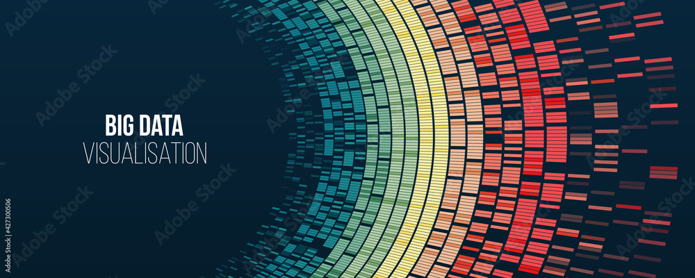Big data visualization. Information analytics concept. Abstract stream information with circles array and binary code. Filtering machine algorithms. Sorting data. Vector technology background.