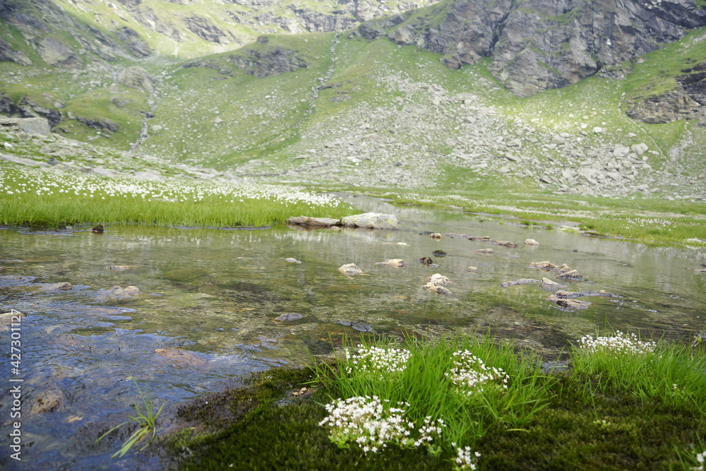 Panorama um den klaren Bergsee, den Grünsee in mitten der Bergspitzen der Alpen in der Texelgruppe in Südtirol beim Wandern