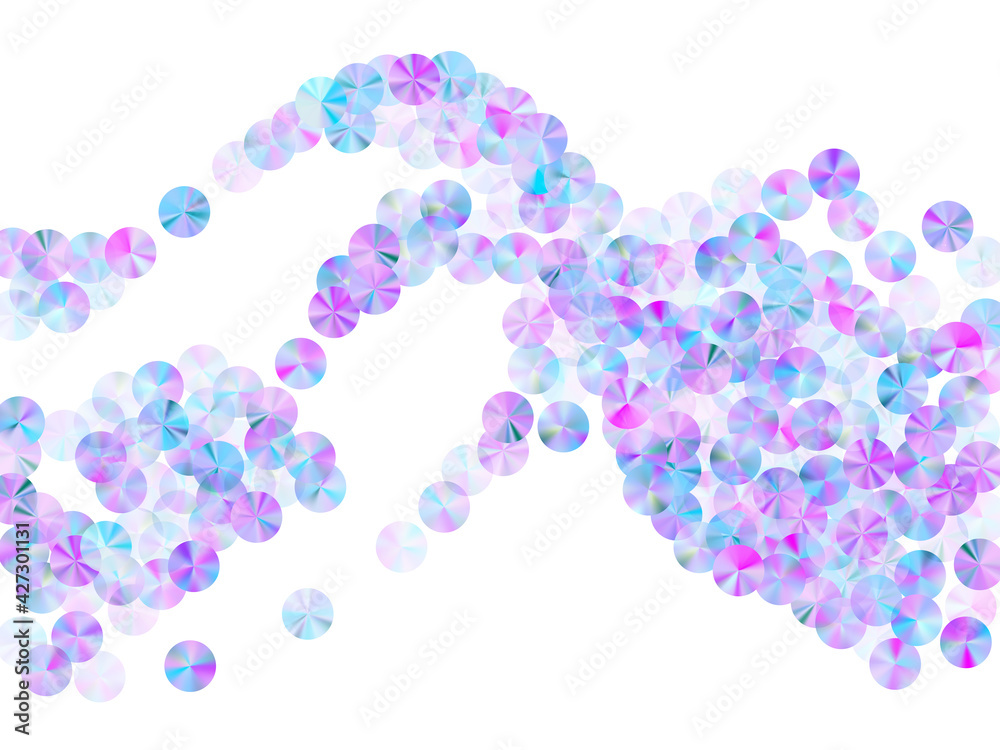 Holographic sequins confetti scatter vector background. Round glowing tinsel particles holiday decor flatlay. Birthday confetti placer shiny background.