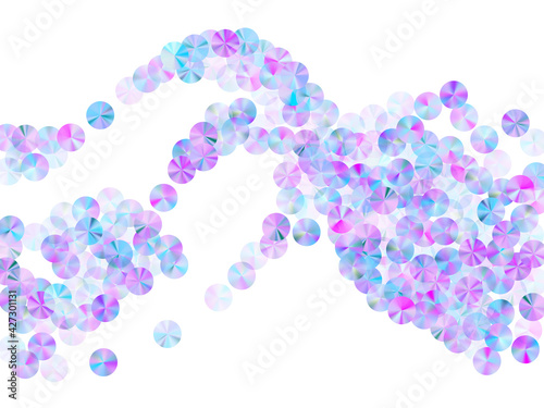 Holographic sequins confetti scatter vector background. Round glowing tinsel particles holiday decor flatlay. Birthday confetti placer shiny background.