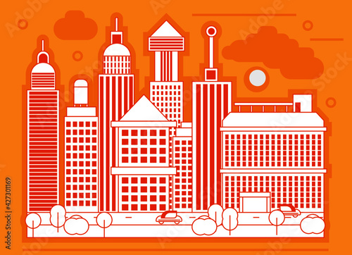 sketch of the city in yellow-orange, in the style of minimalism