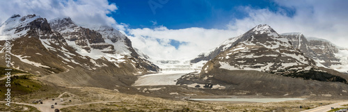 Panoramic view of the Athabasca Glacier in the Columbia Icefield in Alberta, Canada.