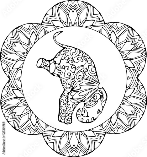 Elephant in a yoga pose ornamental in spirals stands on his head. Ornament flower mandala. 