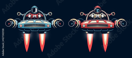 Space pilot controls shuttle. Astronaut in spacesuit driving spaceship. Vector retro illustration.