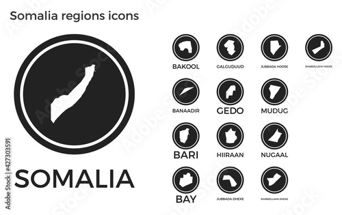 Somalia regions icons. Black round logos with country regions maps and titles. Vector illustration.