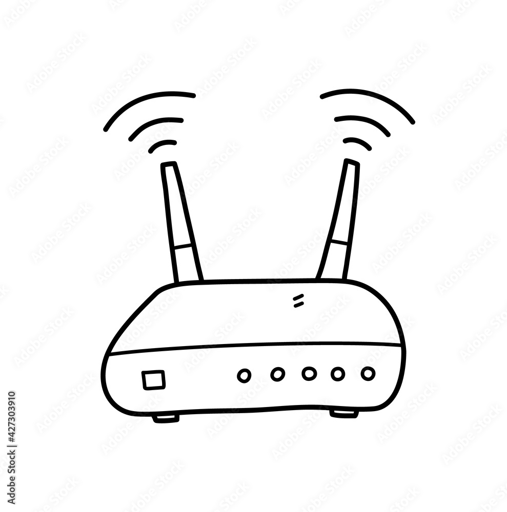 Wifi router modem doodle, a hand drawn vector doodle of a wifi internet router with antenna, isolated on white background. Wifi router modem doodle, a hand drawn vector doodle of a wifi internet router with antenna, isolated on white background.