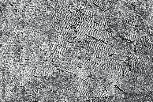 Grunge texture of old damaged exfoliated plywood. Monochrome background of burnt distress wood with spots, cracks, noise and graininess. Overlay template. Vector illustration