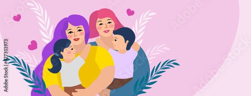 LGBT family. Lesbian couple with children. Female gay, two mothers. Vector illustration