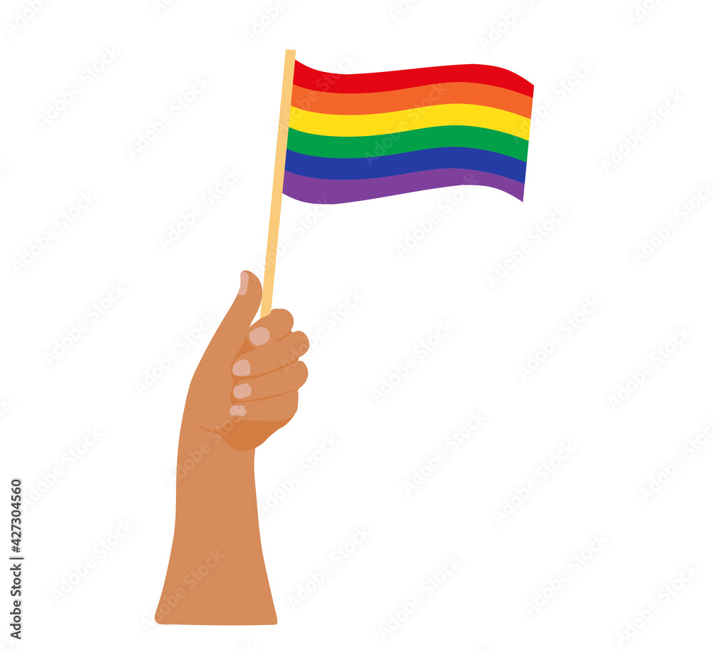 Fototapeta premium LGBT Pride Month holiday, People hold rainbow flag. Hands with flags. Vector illustration