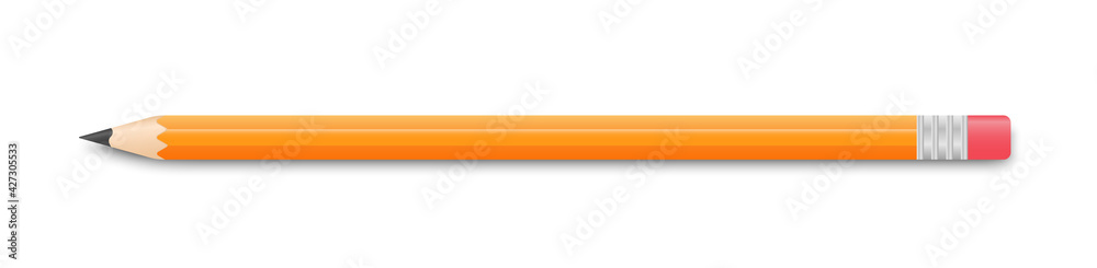 Realistic yellow pencil sharpened with red rubber band. Pencil sharpened with on white background. Vector illustration. EPS-10