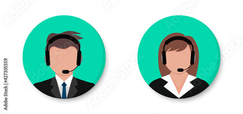 Call center. Support service icon. Male and female call center working in headphones. Man and woman in headset. Customer service and communications. Avatar operator of call center. Vector.