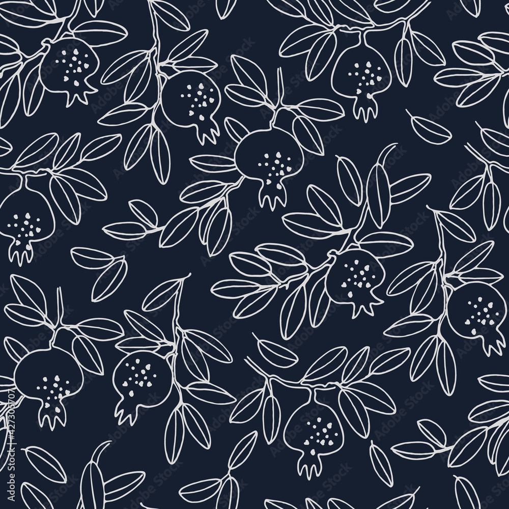 Seamless pattern. Pomegranate tree branches with fruit on black background