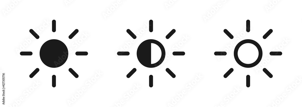 Brightness control icons set. Brightness icons with varying levels on ...