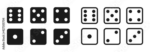 Game dice set isolated on white background. Set of dice in flat and linear design from one to six. Traditional game die with marked with different numbers of dots or pips from 1 to 6. Vector photo