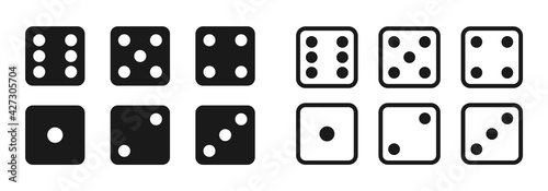 Game dice set isolated on white background. Set of dice in flat and linear design from one to six. Traditional game die with marked with different numbers of dots or pips from 1 to 6. Vector