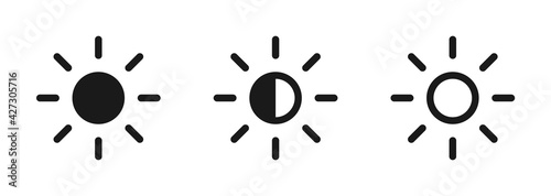 Brightness control icons set. Brightness icons with varying levels on white background. Contrast level icon. Screen brightness and contrast level settings icon. Vector illustration. EPS 10