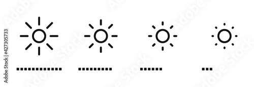 Brightness control icons set. Brightness icons with varying levels on white background. Contrast level icon. Screen brightness and contrast level settings icon. Vector illustration. EPS 10 photo