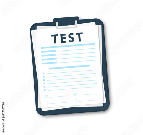 Blue folder with checklist isolated vector on white background. Test mark on folder. Folder with document checklist, text. Survey or exam forms paper sheets pile. Passing the knowledge test and exam. © Vlad