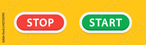 Start and stop buttons. Web buttons isolated on yellow background. Green and red buttons. Press button icon vector. Vector illustration. EPS 10