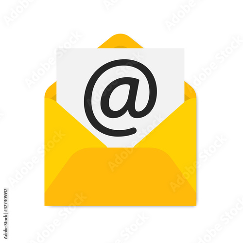 Email flat icon. Notification message or email Icon logo design. Open envelope yellow. Vector illustration