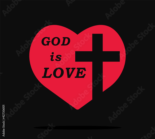 God is love. Christian cross and silhouette of heart. Christian cross sign, red heart isolated on black background. Symbol of christian love. Vector illustration EPS 10
