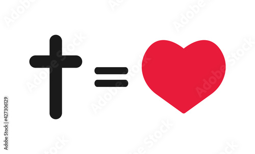 Christian cross and silhouette of heart. Black Christian cross sign, red heart isolated on white background. Symbol of christian love. Vector illustration EPS 10