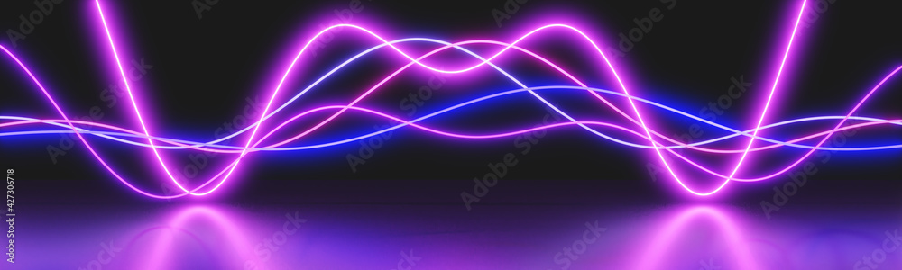 Neon ultraviolet abstraction. Panoramic background concept of laser show, electronic equalizer or spectrum analyzer. 3d rendering