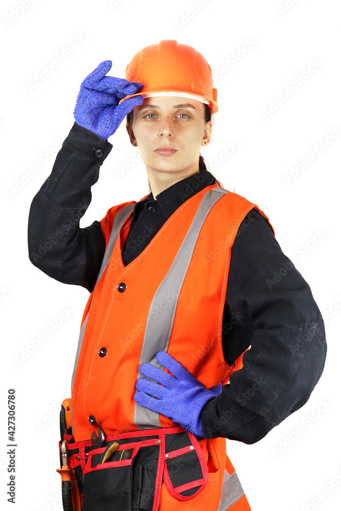 female builder or repairer in hardhat and safety vest. Isolated on white female builder or repairer in hardhat and safety vest. Isolated on white