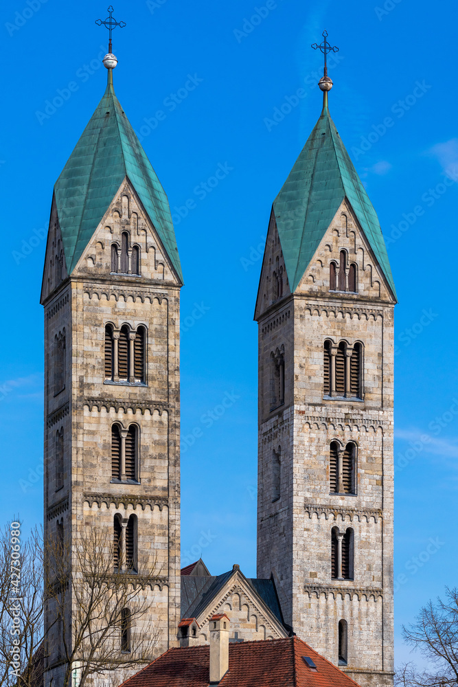 View at the Cemetery with St.Peter church towers in Straubing, Germany