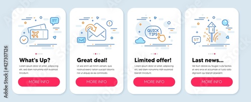 Set of Business icons, such as Receive mail, Boarding pass, Quick tips symbols. Mobile screen app banners. Fireworks line icons. Incoming message, Flight ticket, Helpful tricks. Vector
