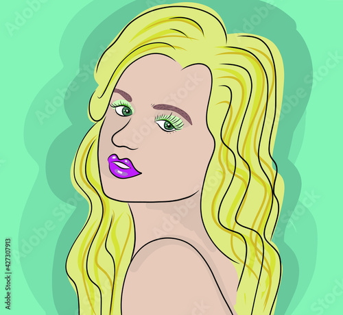 Beautiful blonde with green eye shadow on a green background