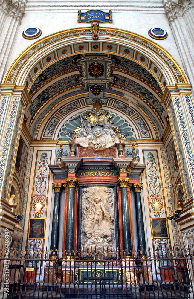 View of the elaborate architecture inside the Santa Maria de la Encarnacion Cathedral Granada, Andalusia, Spain
