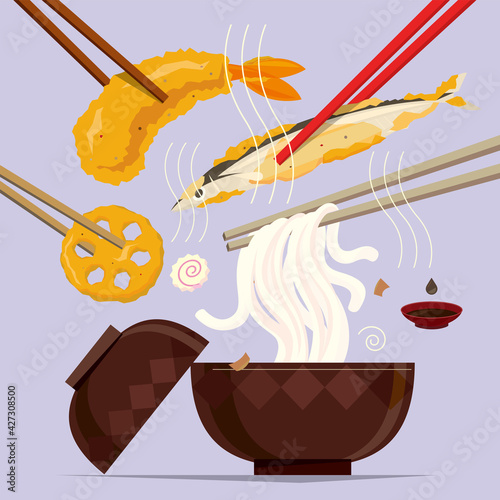 Vector illustration of a meal of Japanese tempura and udon noodles