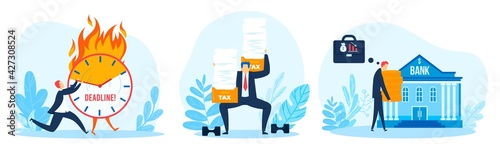 Work burnout stress, tax overwhelming, office deadline, employee job frustration, design, cartoon style vector illustration.