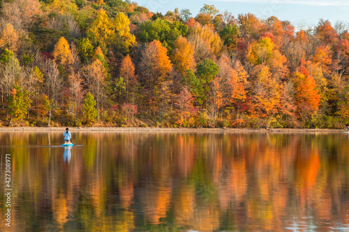 reflection of vibrant colorful peak autumn foliage of trees in the  serene Lake Habeeb in Rocky Gap State Park in Western Maryland Allegany county. photo