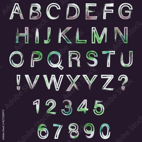 Raster set with the effect of aging and scuffs on a dark background. Capital letters of the Latin alphabet, exclamation, question marks and numbers: 1, 2, 3, 4, 5, 6, 7, 8, 9, 0.