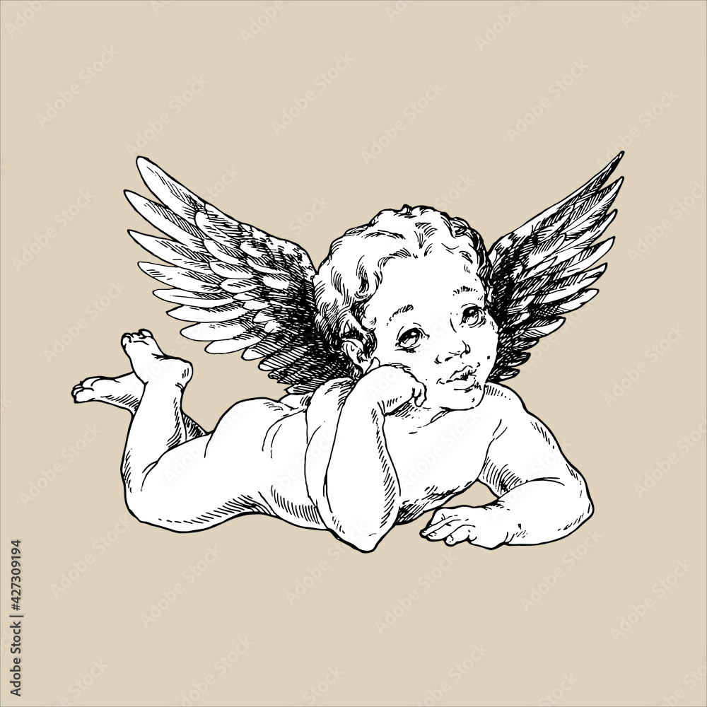 Fototapeta premium Cute engraving of a winged angel-dreamer.