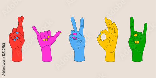 Abstract hand gestures. Set of colorful arms with fingers showing signs. Human wrists in vibrant colors. Vector art