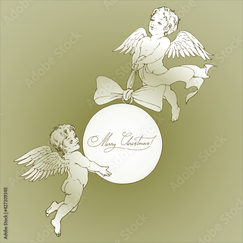 Two angels lift a Christmas balloon.