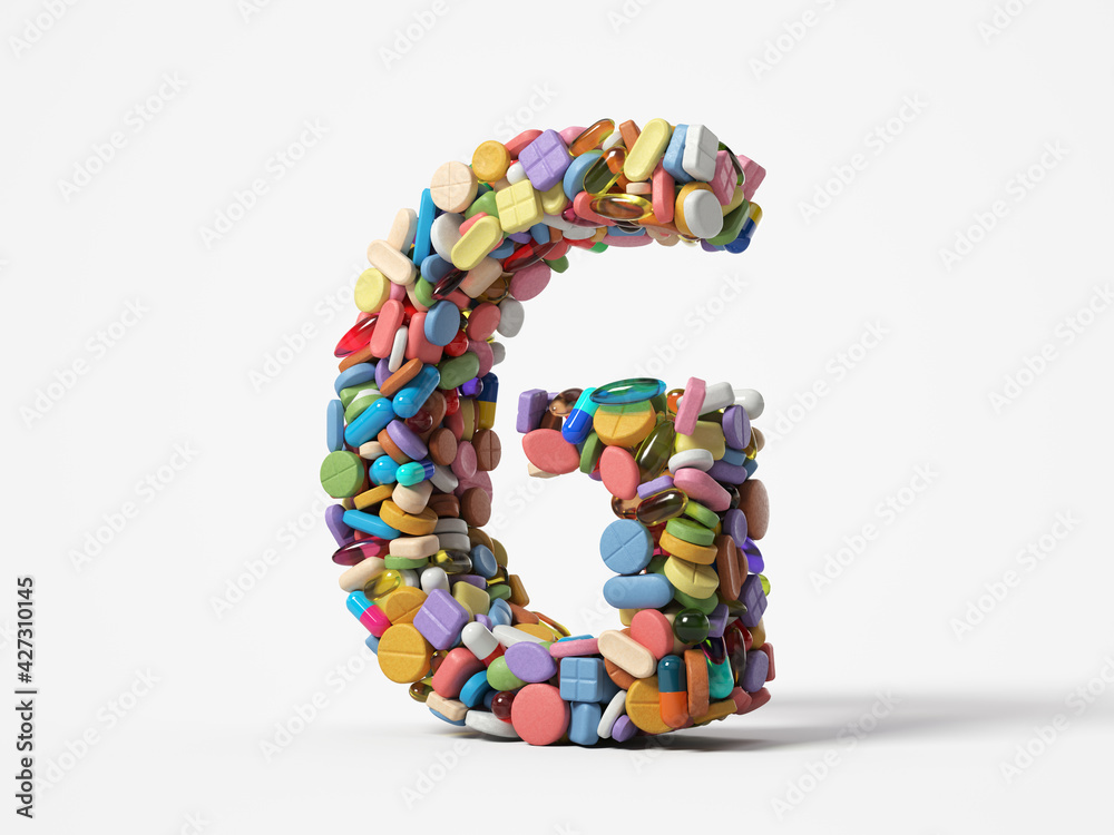 different pills stack in shape of letter G. suitable for medicine, healthcare and science themes. 3D illustration, isolated on white background different pills stack in shape of letter G. suitable for medicine, healthcare and science themes. 3D illustration, isolated on white background